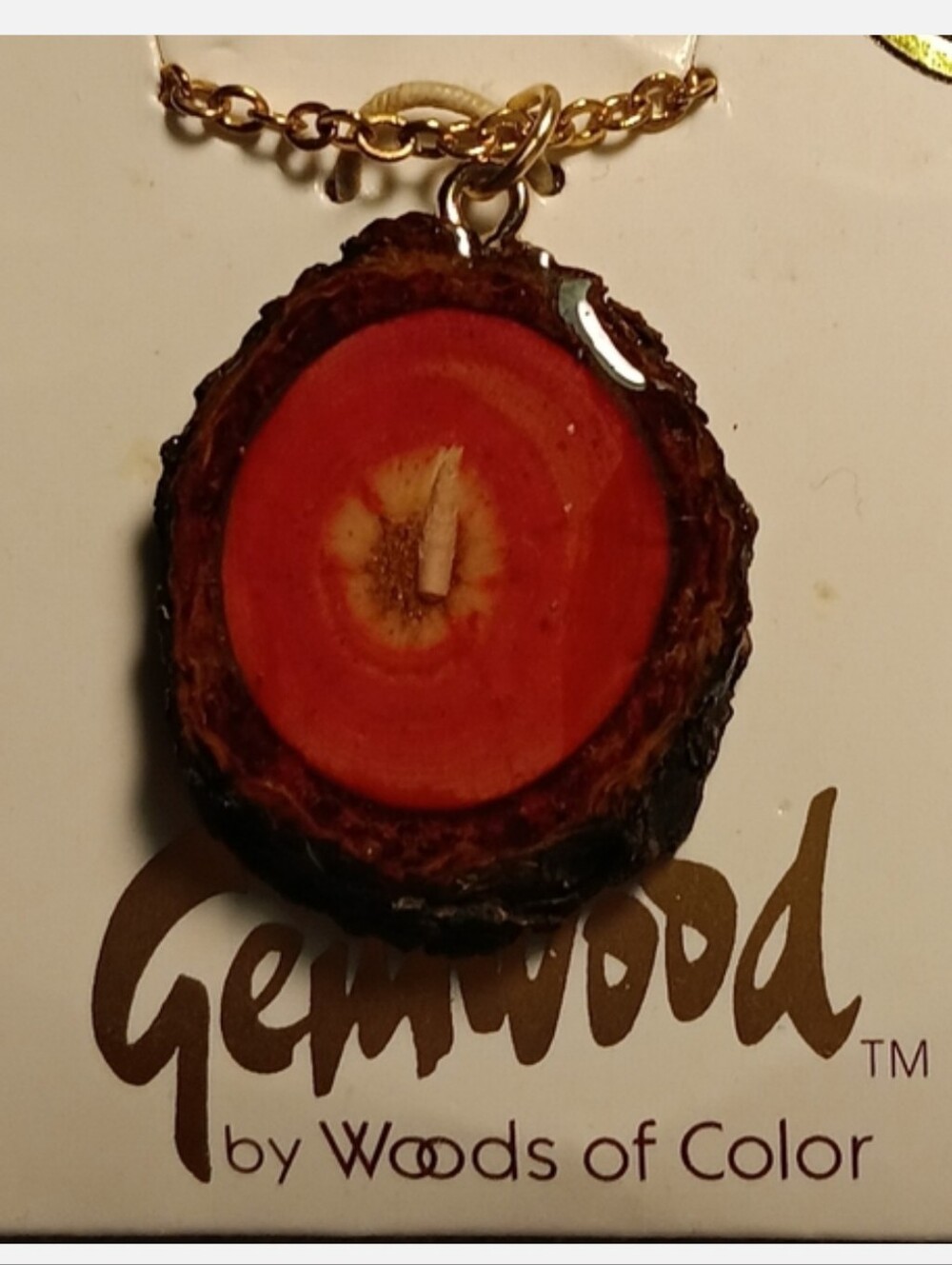 #75 Gemwood Red Wood Slice Pendant Necklace on Gold Chain